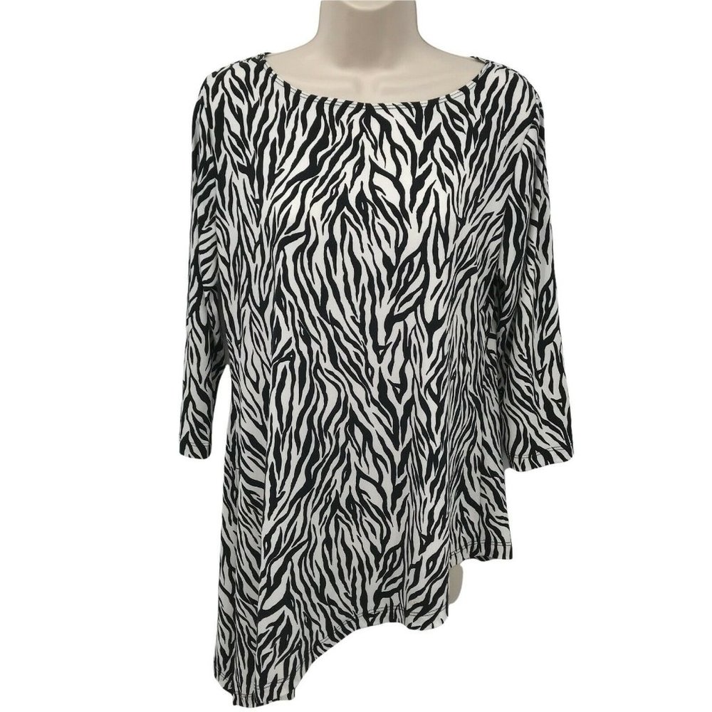 Chico's Womens Long Sleeves Zebra Print Hi Low Hem Black Tunic Blouse Top Size M